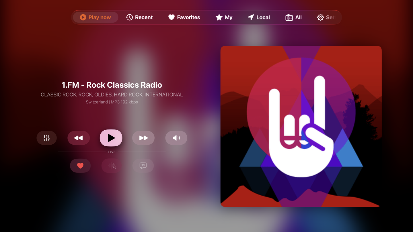 The Apple TV now-playing screen: the station name and genres beside a large station logo, transport controls, and below them the favourite, recognition and lyrics buttons.