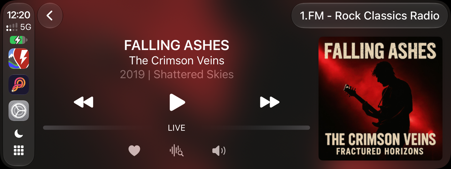 The CarPlay now-playing screen: song title, artist and artwork on the right, large transport controls, and a bottom row with favourite, recognition and volume buttons.
