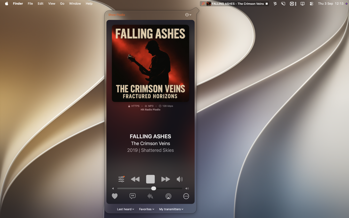 The Mac desktop with Pladio's menu bar mini player open: the current song shown in the menu bar itself, and a dropdown with the artwork, transport controls, the recognition button and quick menus for recent and favourite stations.