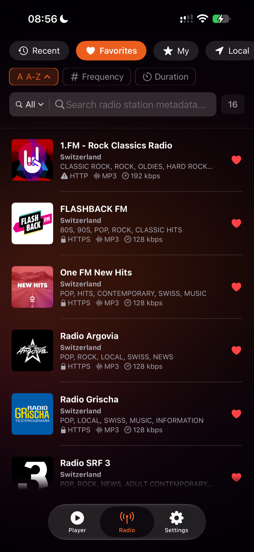 The Favorites tab on iPhone: sixteen saved Swiss stations with their logos, genre tags, codec and bitrate, with sort chips for alphabetical, frequency and duration above the list.