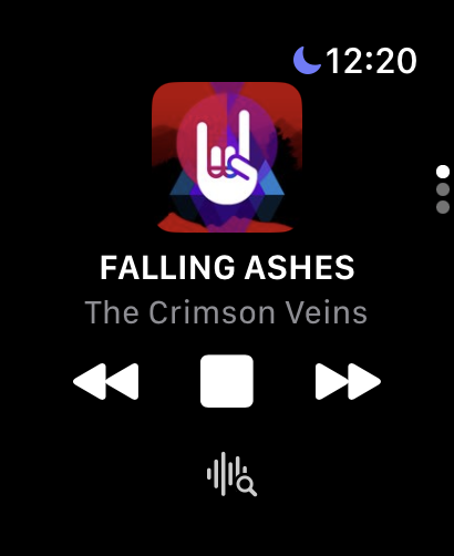The Apple Watch app showing a demo station playing, with the station logo, the song title and artist, transport controls, and the recognition button below them.