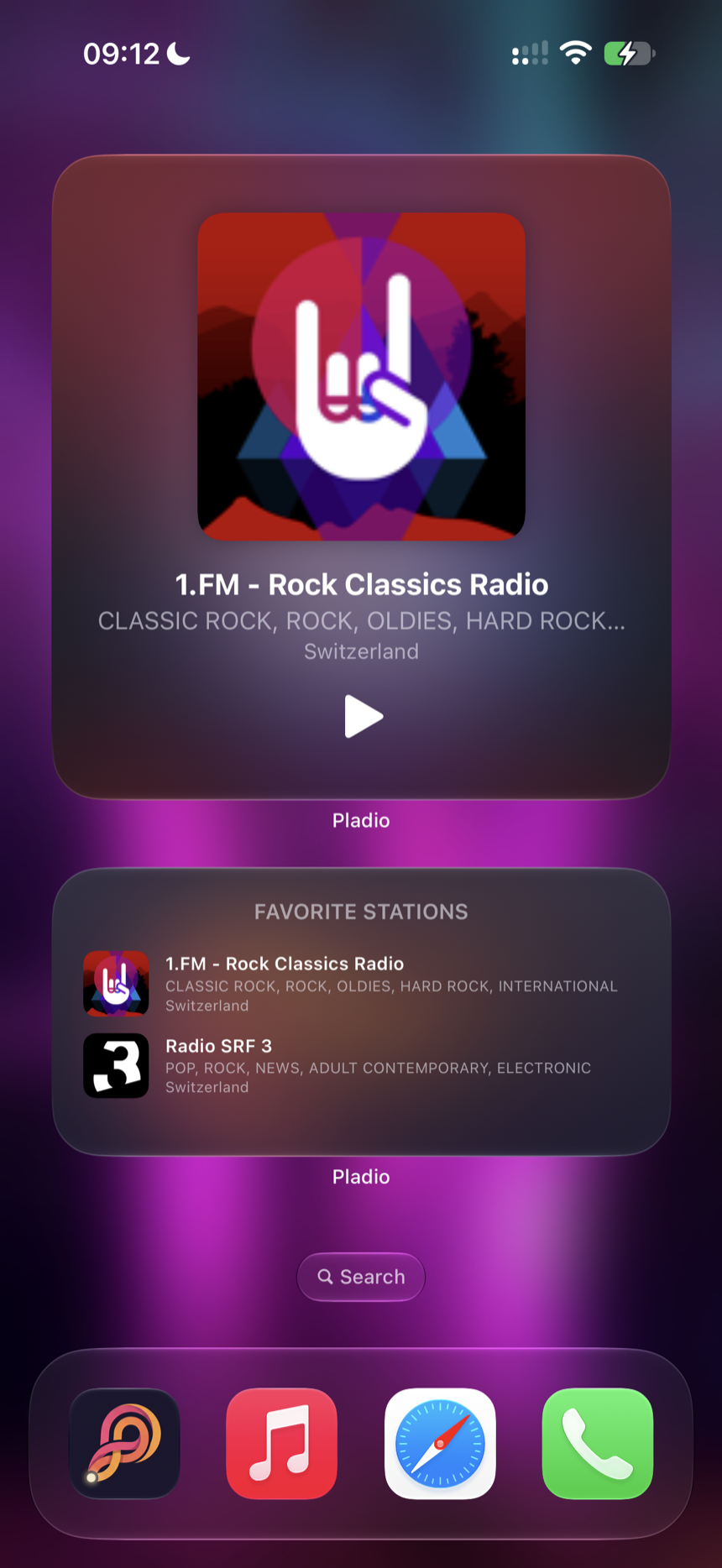 The iPhone Home Screen with two Pladio widgets: a large Now Playing widget showing the current station's logo, name and genres with a play button, and a medium Favorite Stations widget listing two saved stations — both free, and both start playback without opening the app.